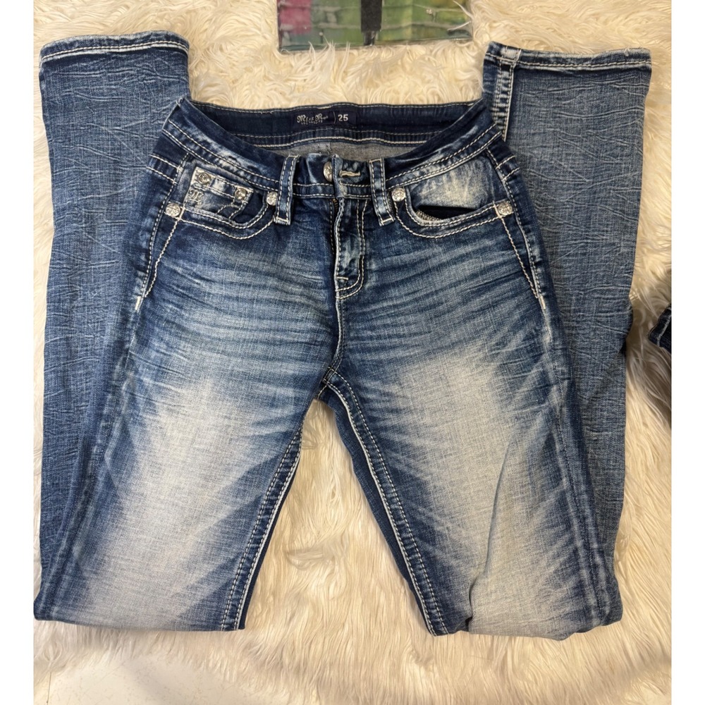 Miss Me Mid Rise Straight Leg Jeans Blue Eagle Horseshoe E3969FTR Size 25 x 32